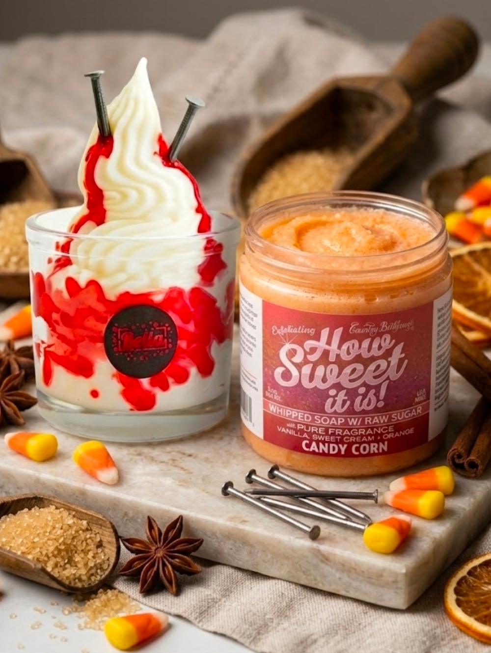Halloween bundle 1 Black Cherry bloody candle & 1 Candy Corn raw sugar bodyscrub